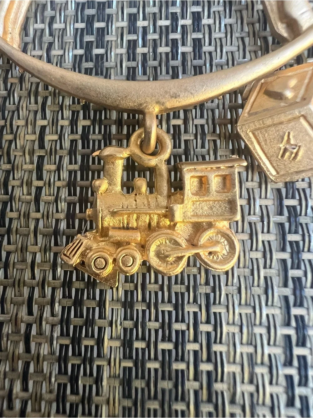Gold Horse Carousel Brooch with Train & Block Charms